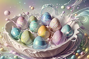 Easter colored eggs with drawings are splashed with paint in large quantities.