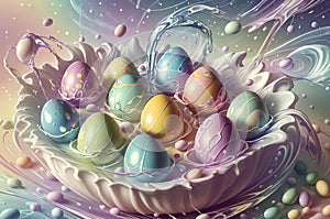 Easter colored eggs with drawings are splashed with paint in large quantities.