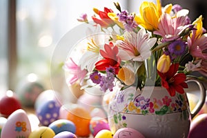 Easter colored eggs with spring flowers generative ai