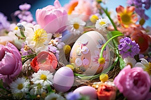 Easter colored eggs with spring flowers generative ai