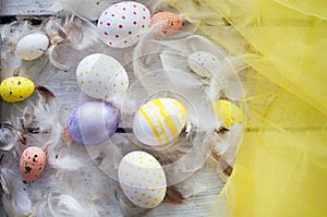 Easter, colored eggs, yellow, white, white tree, white background , feathersa , chicken eggs, quail eggs ,