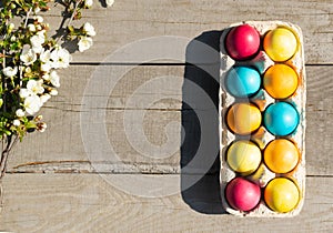 Easter colorful eggs with a branch of a blossoming apple tree on a wooden background.