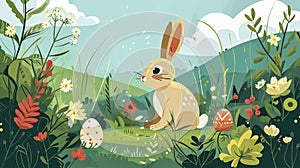 Easter colorful eggs and cute fluffy red rabbit on among with green grass and spring flowers against background of sky