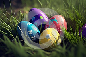Easter colorful eggs in the grass. AI generative illustration