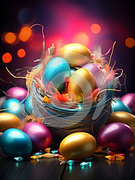 Easter colorful eggs in nest