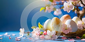 Easter colorful eggs in a nest on a blue table with spring flowers, cherry branch. Copy place. Easter card and banner. Generative