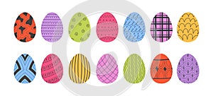 Easter colorful eggs set doodle style. Happy easter hand drawn vector illustration. Different designs and patterns of