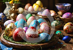 Easter colorful holiday eggs on decorated plate