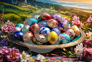 Easter colorful holiday eggs on decorated plate