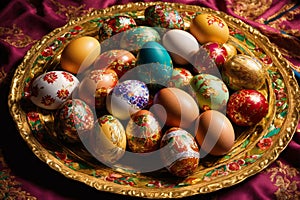 Easter colorful holiday eggs on decorated plate