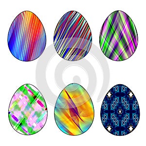 Easter colorful set of six colored eggs of different colors on a white background.