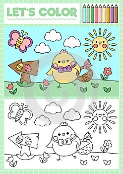 Easter coloring page for children with cute kawaii chick going on egg hunt. Vector spring holiday outline illustration. Color book