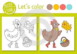 Easter coloring page for children. Funny farm bird picture. Vector holiday outline illustration with cute hen, chicken, basket