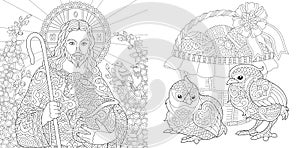 Easter. Coloring Pages. Coloring Book for adults. Colouring pictures with Jesus and chickens drawn in zentangle style. Vector