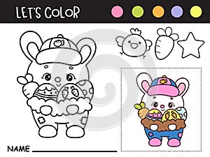 Easter coloring pages. Cute bunny holding eggs and carrot farm outline (Kids worksheet).