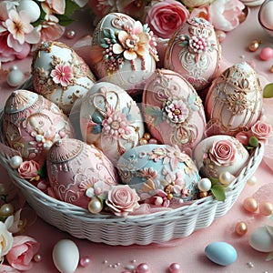 Easter coloured background with Easter eggs and spring flowers and butterfly