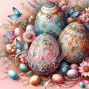 Easter coloured background with Easter eggs and spring flowers and butterfly