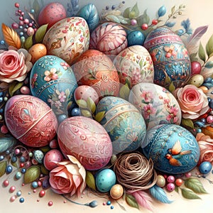 Easter colourfully coloured background with Easter eggs and spring flowers.