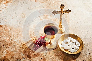 Easter Communion Still life with chalice of wine and bread