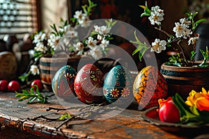 Easter composition arranged on a wooden kitchen worktop.