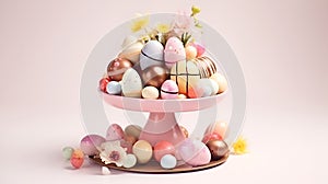 Easter Composition with Beautifully Decorated Chocolate Eggs and Spring Flowers on Pink Background