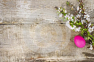 Easter composition with branches of spring flowers and an Easter egg on a rustic background, top view, flat lay, copy space