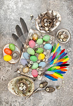 Easter composition colored eggs and birds feather