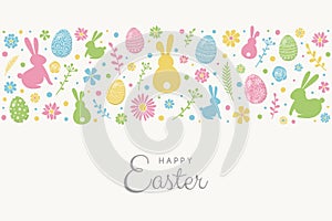 Easter composition with colourful bunnies, eggs and flowers. Greeting card. Vector