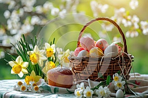 Easter composition. Easter eggs, cake and flowers on the table.