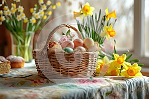 Easter composition. Easter eggs, cake and flowers on the table.