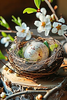 Easter composition with Easter eggs in nest on wooden board and blossom twigs around