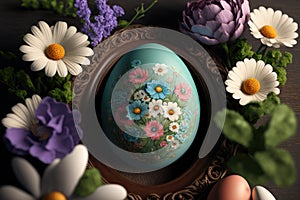 Easter composition with egg and spring flowers. Generative AI illustration