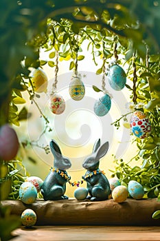 Easter composition with festive Easter arch and bunnies