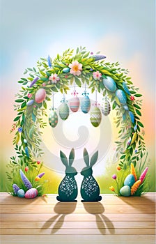 Easter composition with festive Easter arch and bunnies