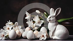 Easter composition with figurine of rabbit bunny and painted eggs with spring blossoming cherry flowers on dark background in