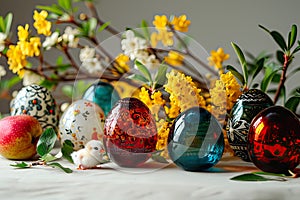 Easter composition of glass Easter eggs and forsythia flowers.
