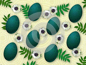 Easter composition with hand painted eggs. Green pysanky, white anemones and fern leaves on kraft paper in pastel yellow tones.