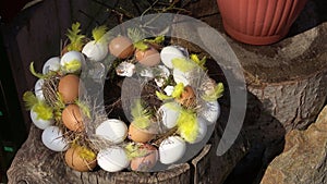Easter composition made from colored chicken eggs. Easter eggshell wreath