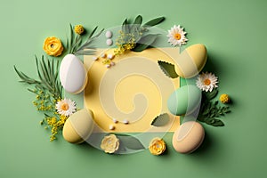 Easter day, Painted Chocolate eggs, tulip flowers flat lay on yellow green board, Greeting card, banner template