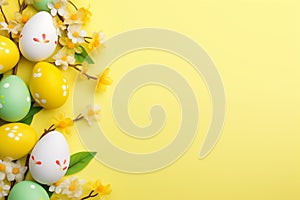 Easter composition with painted eggs and daffodils on a cheerful yellow background, symbolizing springtime joy.