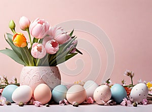 Easter composition of pastel eggs and spring bouquet with tulips, narcissus, daffodils and muscari flowers in vase