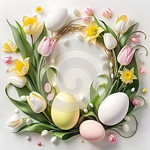 Easter composition with pastel eggs and flowers, space for text