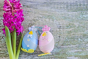 Easter composition with purple hyacint and easter eggs photo