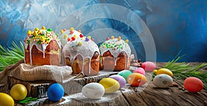 Easter composition. Traditional Orthodox Easter. a cake with icing sugar, colored lollipops and powdered sugar and with colored
