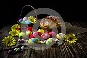 Easter composition with traditional Russian Easter bread kulich. Hand painting Easter eggs. The concept of religious holidays,