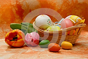 Easter composition with tulips and easter eggs