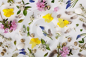 Easter composition on white backgrount, top view