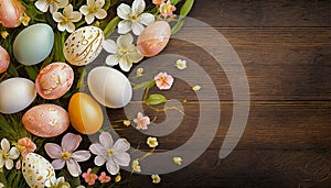 Easter composition with white and orange colored eggs and spring flowers on a dark brown wooden background
