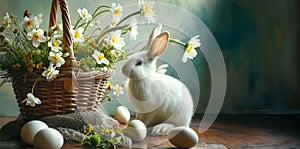 easter composition with white rabbits, basket with flowers