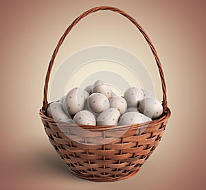 Easter concept. Basket filled with colorful eggs 3D